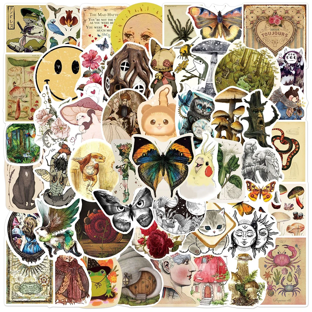 

10/30/50pcs Cute Retro Art Animal Plant Graffiti Stickers Aesthetic Laptop Phone Fridge Bike Car Cartoon Decals Sticker for Kids