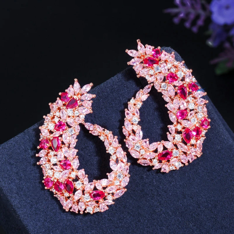 

BeaQueen Multicolor Full Cubic Zirconia Pave Big Symmetry Stud Earrings Rose Gold Color Exquisite Wedding Jewelry for Women E235