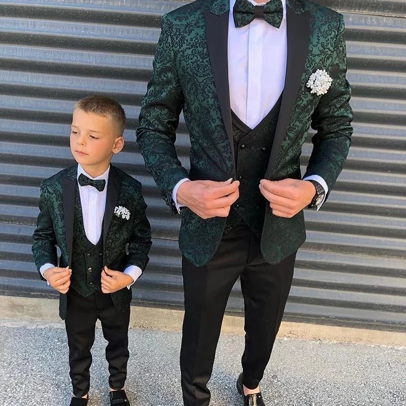 

Fashion 3 Pcs Slim Fit Wedding Grooms Tuxedos Formal Blazer Kid Prom Suit Jacket+Pants+Vest Green Seuqins Boy Mens Casual Suits