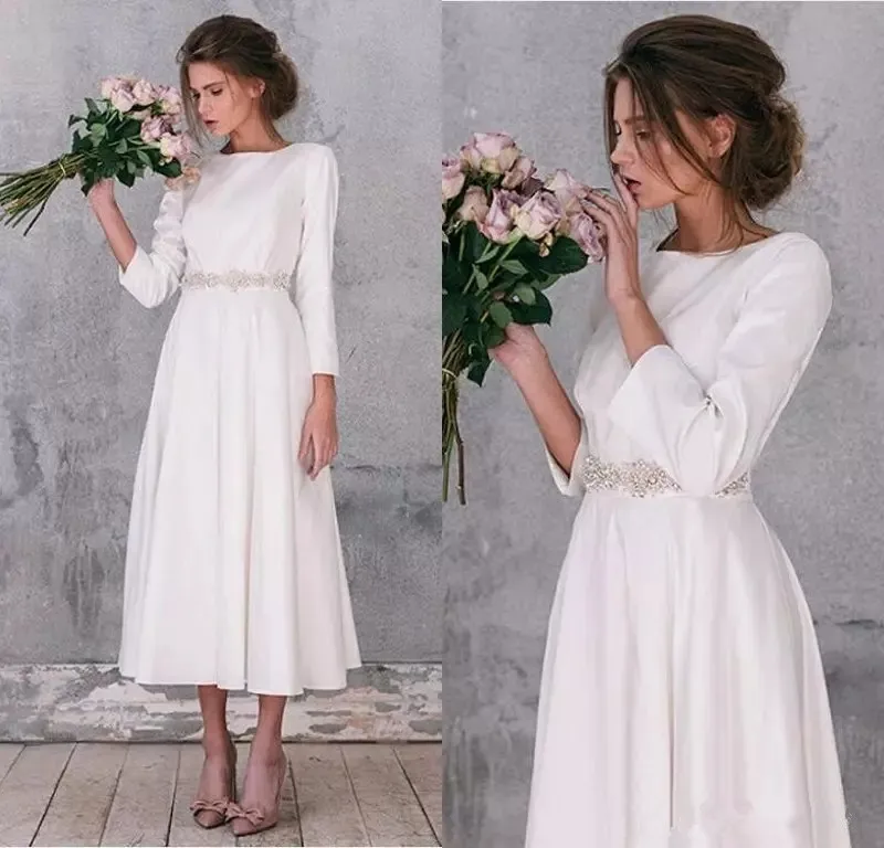 

2020 Long Sleeve Soft Satin Wedding Dresses Vintage A Line Tea Length Gorgeous Simple Wedding Bridal Gowns Robe De Mariage