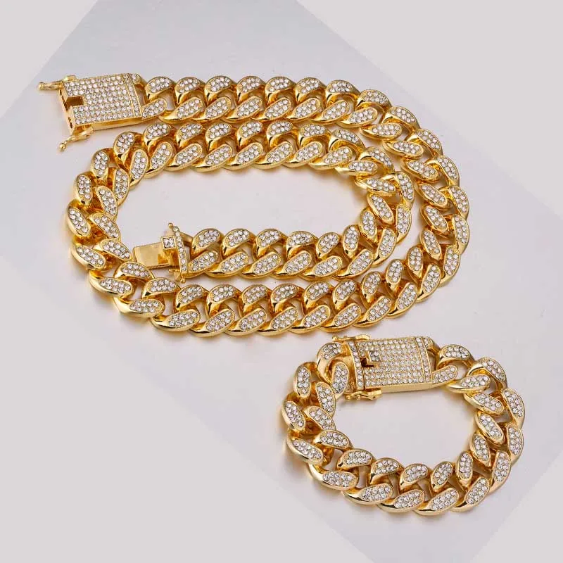 

Hip-hop 1 set of 20 mm rhinestones Miami Cuban chain bling rap bracelet bracelet necklace men's jewelry