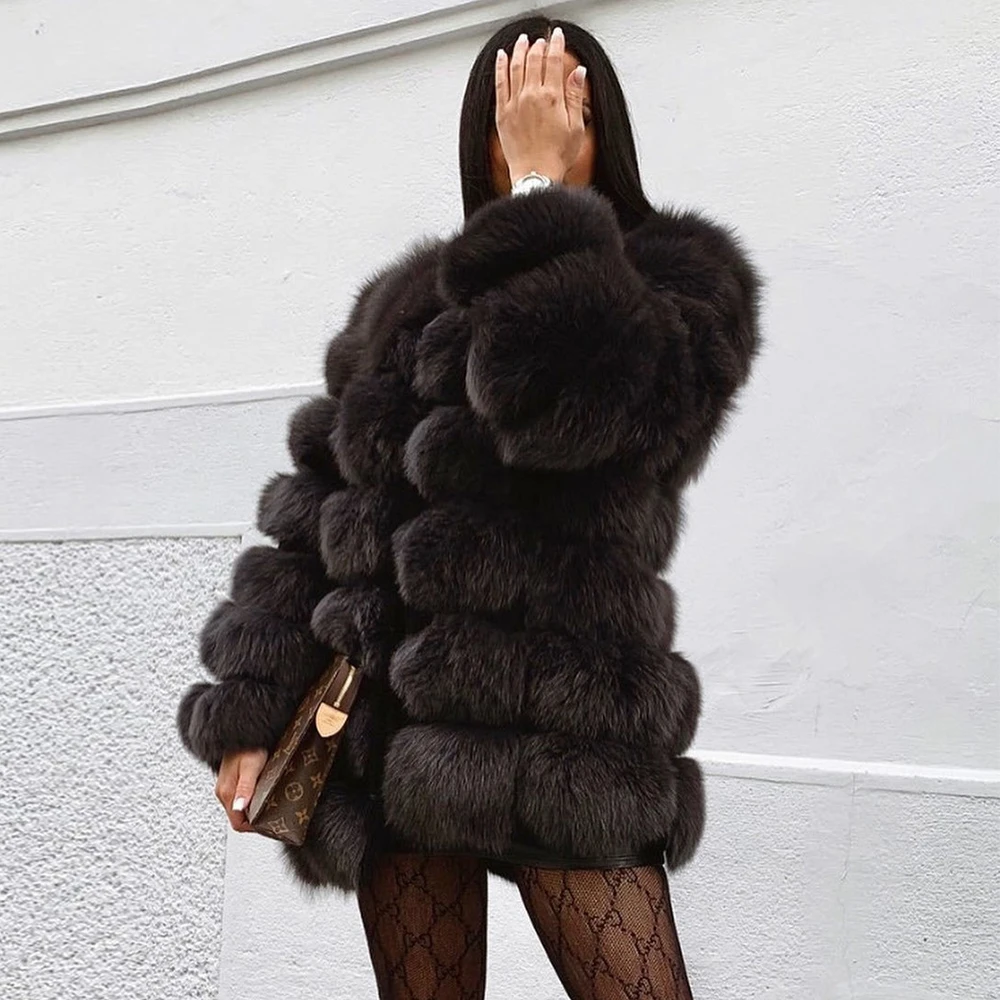 Winter Fashion Real Fox Fur Jacket Medium Length Round Collar Casual Women High Quality Genuine Fox Fur Coat Woman Trendy Outfit