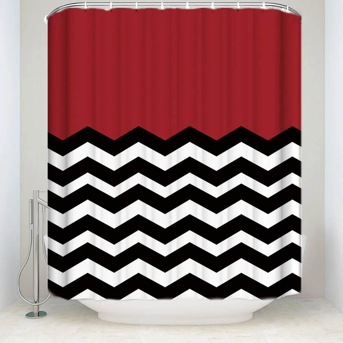 Chevron Waterproof Polyester Fabric Shower Curtain red White black Striped Mold Resistant Shower Curtains