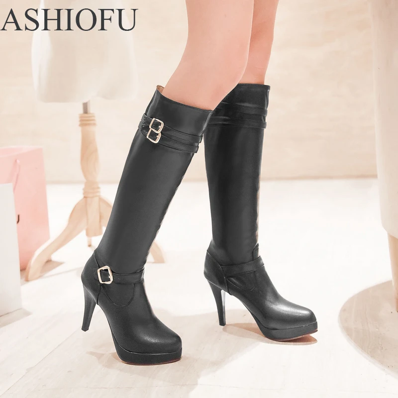 

ASHIOFU New Women Knee Boots Buckles Deco Sexy Plaftorm Winter Boots Fashion Party Prom High Heel Boots Shoes