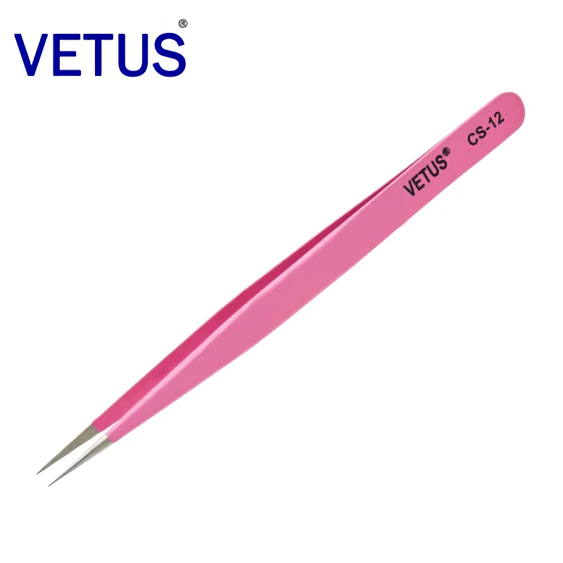 VETUS CS-12 Pink Tweezers Anti -acid Anti-alkali Corrosion-resistant ESD Anti-Static Pincers Eyelash Grafting Blooming Tool