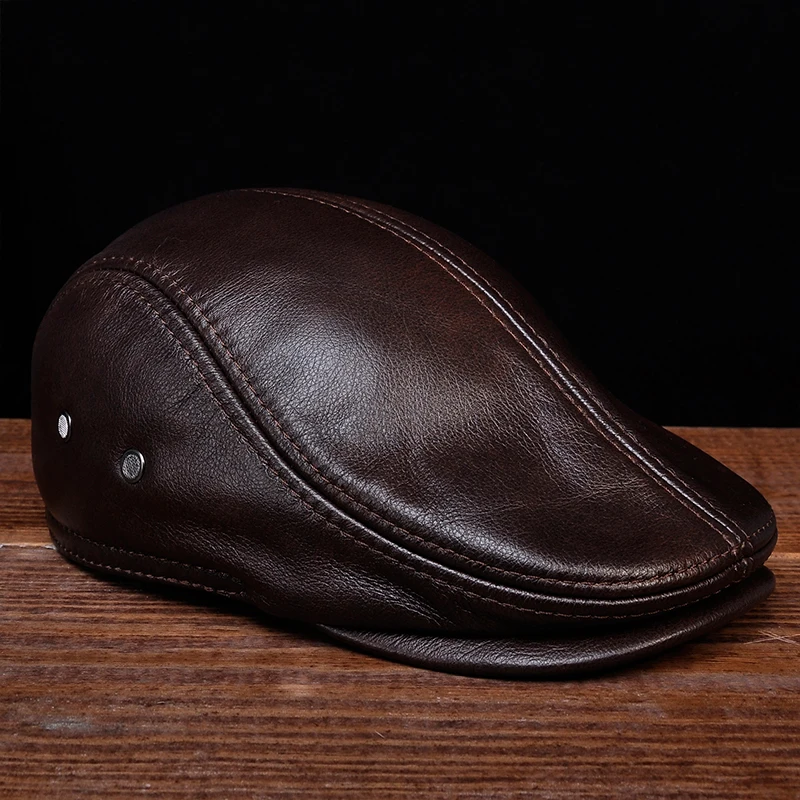 HL042 Men\'s Genuine Real Leather Baseball Caps Hats Black Brown Coffee Brand New Cow Skin Beret Newsboy Hat Cap