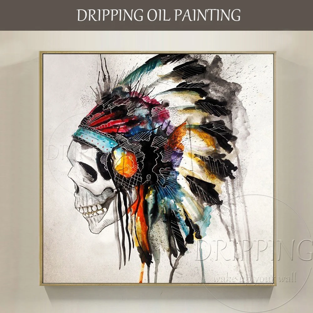 

High Quality Wall Art Indian Scull Tattoo Oil Painting Hand-painted Fashion Design Wall Artwork Indian Scull Tattoo Oil Painting