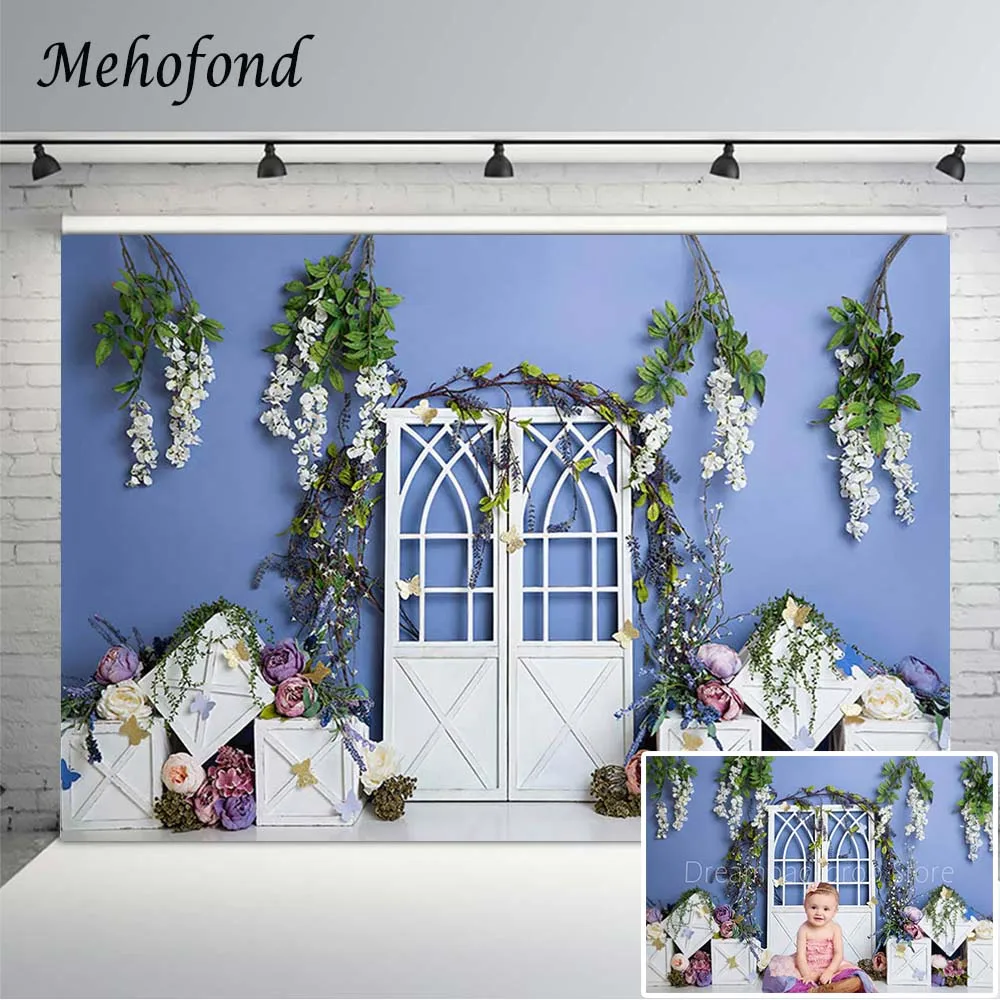 

Mehofond Background For Photography Spring Green Plants Floral White Wood Door Wedding Newborn Portrait Photocall Backdrop Props