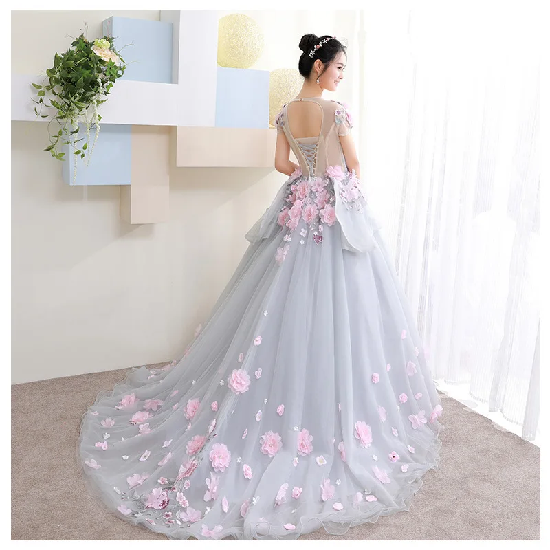 Vestido de quinceañera de manga corta, traje de baile de cola larga, apliques de flores azules y grises de ensueño, novedad de 2023