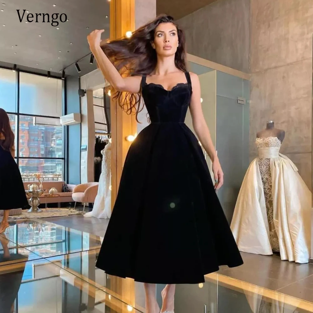 Verngo Simple Black Velour Evening Party Dresses Halter Short Prom Dresses Tea Length 2021 Special Occasion Gowns Customized