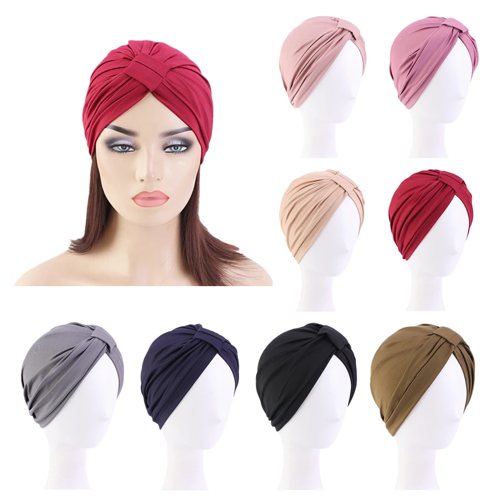 Indian Women Modal Cotton Pleated Hat Chemo Hair Loss Cancer Turban Bonnet Head Scarf Wrap Strech Bandana Cover Beanie Arab Cap