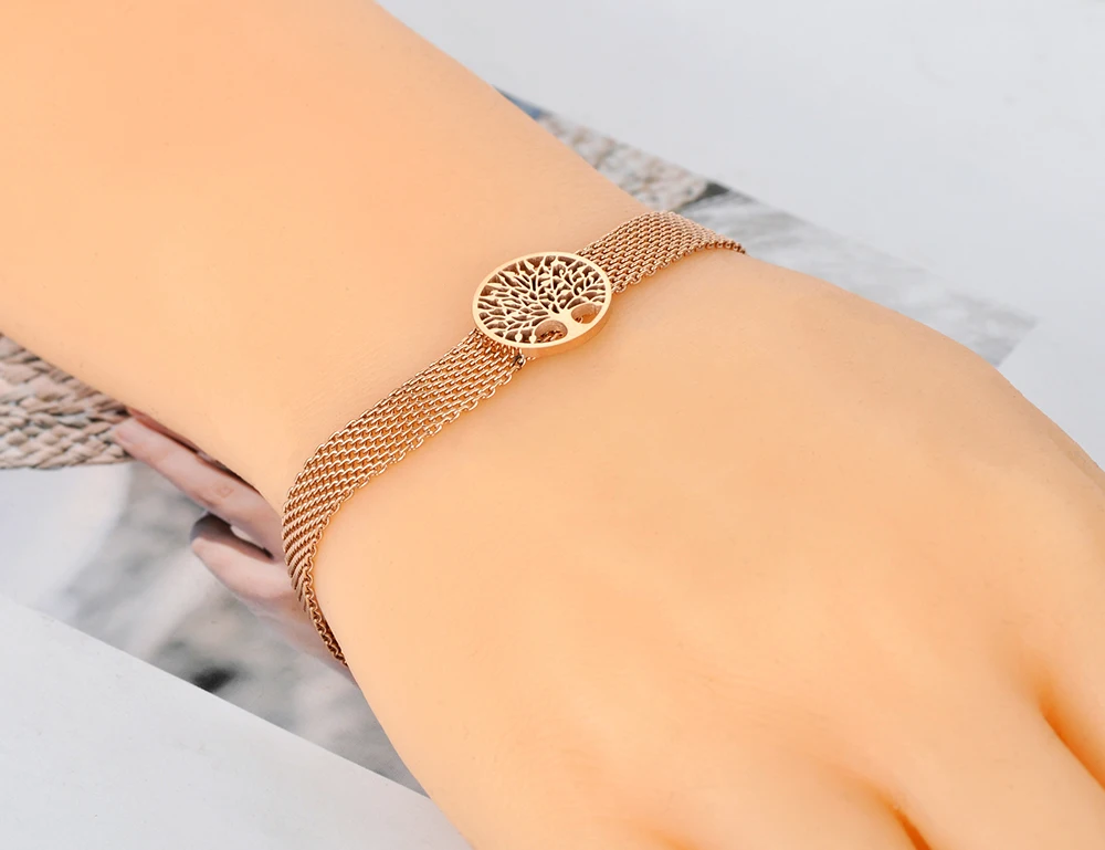 JeeMango Trendy Round Disc Tree Charm Armbänder Schmuck für Frauen Titan Edelstahl Netzwerkkettenarmband JB20028 – Detail 6