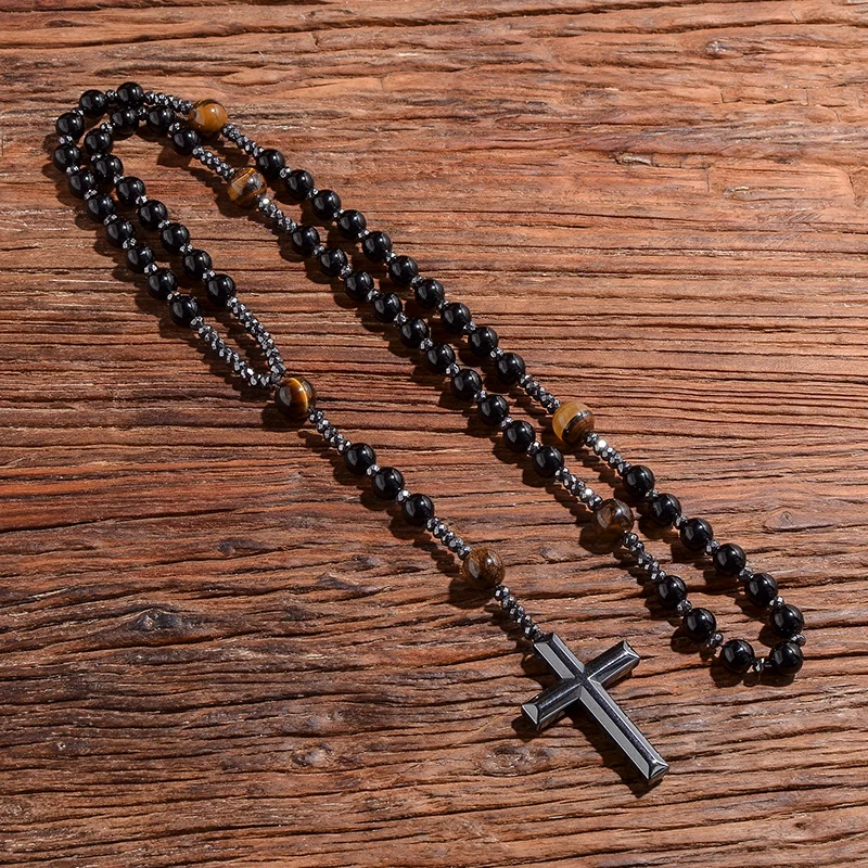 Black Onyx Yellow Tiger Eyes Beaded Catholic Christian Cross Pendant Necklace Mala Meditation Jewelry Men and Women Rosary