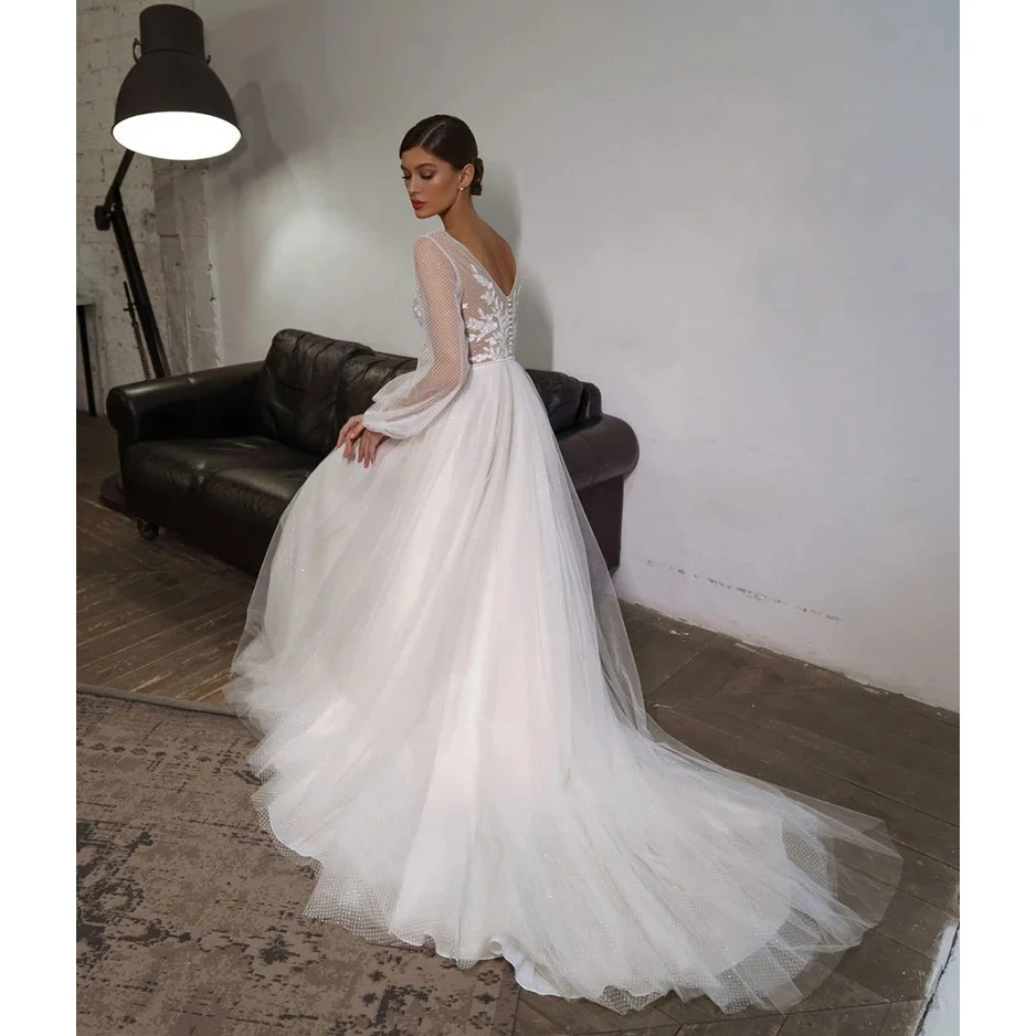 2020 langen Ärmeln Boho Hochzeit Kleider Sexy V-ausschnitt Puff Sleeve Spitze Appliques Dot Tüll Braut Kleid Strand EINE linie vestido De Noiva