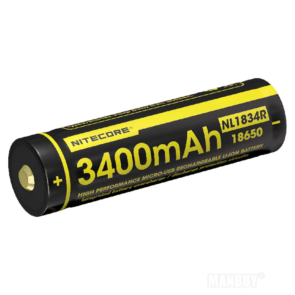 NITECORE NL1834R 3400mAh High Performance Micro-USB Rechargeable Li-ion Battery 12.24Wh 3.6V Button Top 18650 Protected