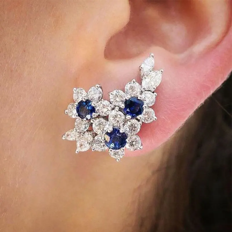 Huitan Blue Flower Design Stud Earrings for Women with Bling Bling Cubic Zirconia Stylish Female Accessories New Fashion Jewelry