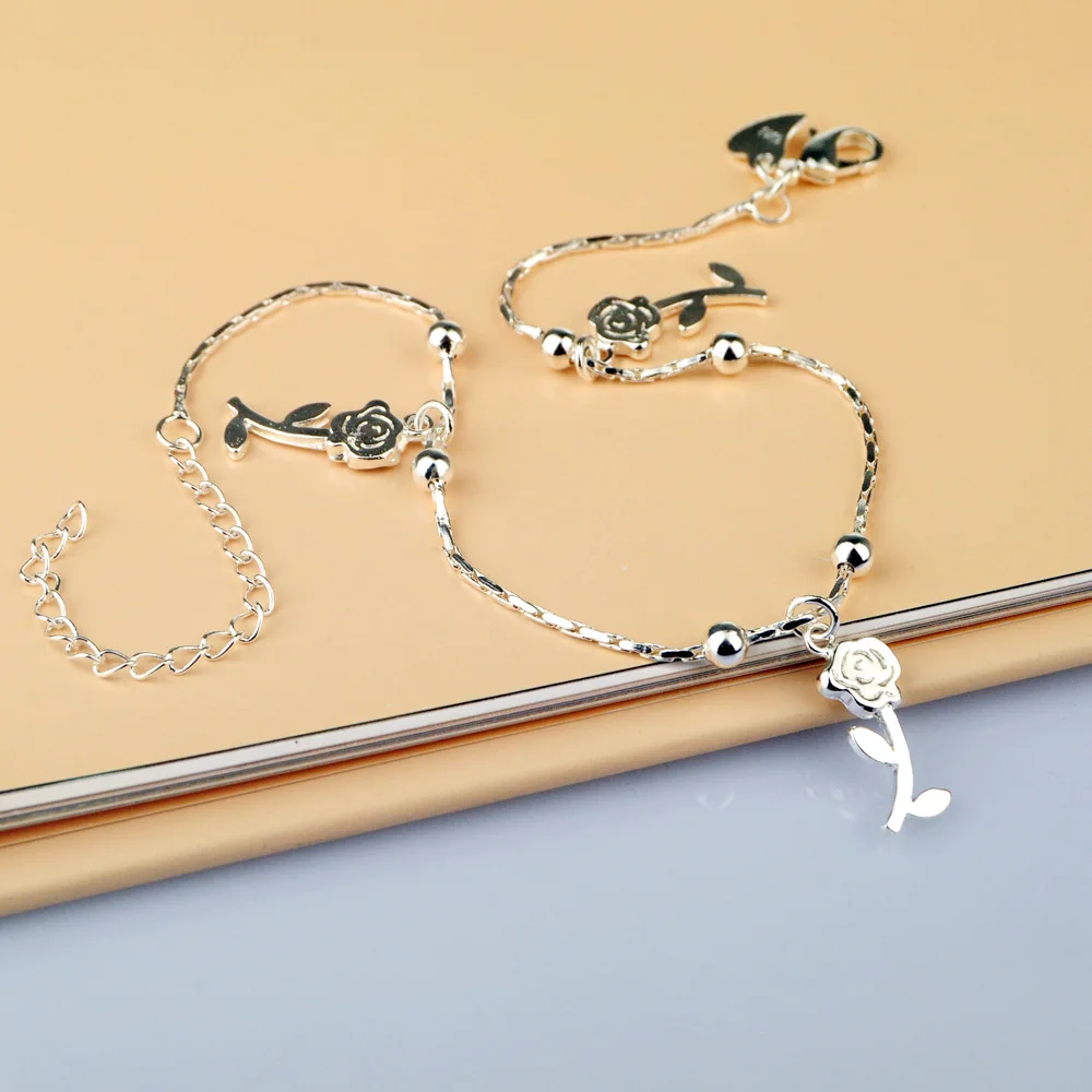 Tobillera vintage Boho con forma de rosa para mujer, cadena para pie y pierna, sandalias para niña, joyería para tobillo, plata de ley 925