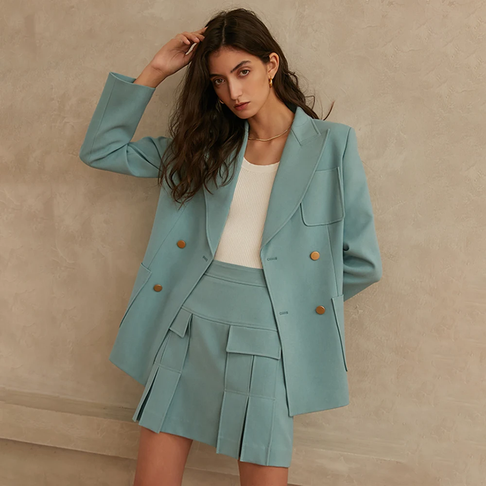 Vintage Women Suits Fashion Office Wear Double Breasted Blazer & A Line Skirt Casual Daily Coat Two Piece Set