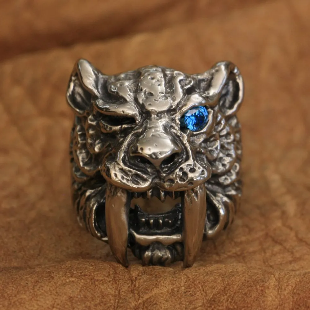 LINSION Sabretooth Ring Blue CZ Eye Mens Biker Rock Tiger Ring Punk Jewelry CP16 US Size 7~15