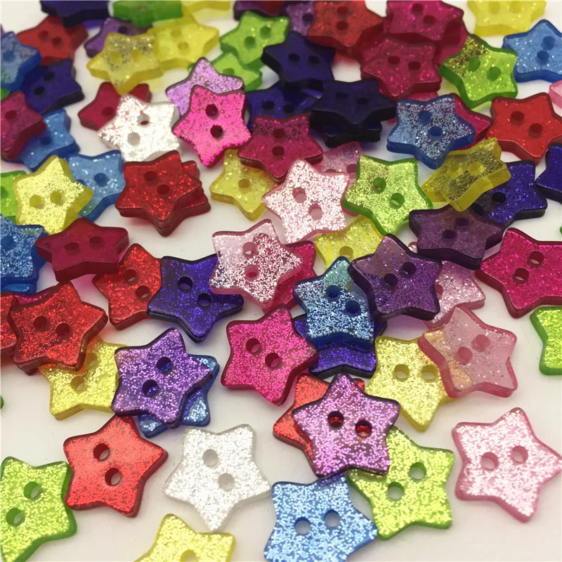 50pcs 14mm Resin Glitter Star Shaped 2 Holes Buttons DIY Sewing Accessories Sparkle Embellishment