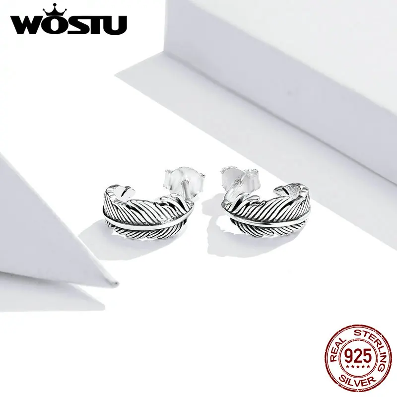 WOSTU-pendientes de tuerca de pluma Retro para mujer, de Plata de Ley 925 auténtica, joyería clásica de boda, CQE923