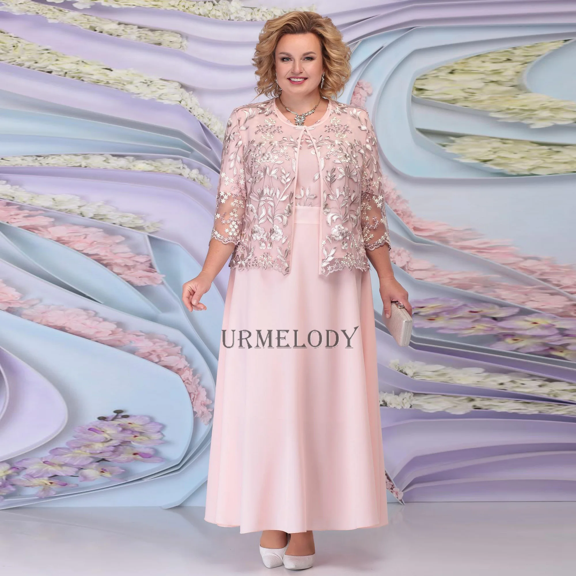 

Elegant Ankle-Length Mother Of The Bride Dress With Lace Jacket Pink