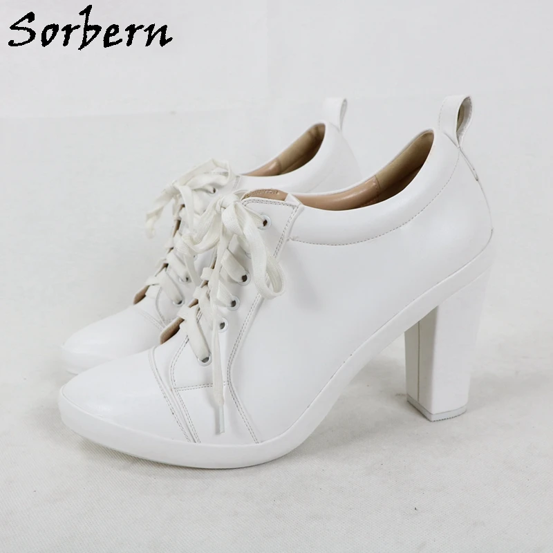 Sorbern Fashion White Pump Shoes Women Lace Up Chunky Heelled Block High Heel Sneakers Lady Shoe Round Toe Platform Custom Color