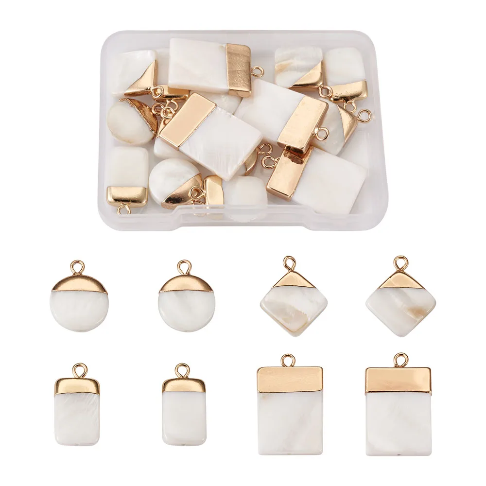 

16pcs/box Electroplate Natural Freshwater Shell Pendants with Brass Findings Flat Round Rectangle Rhombus