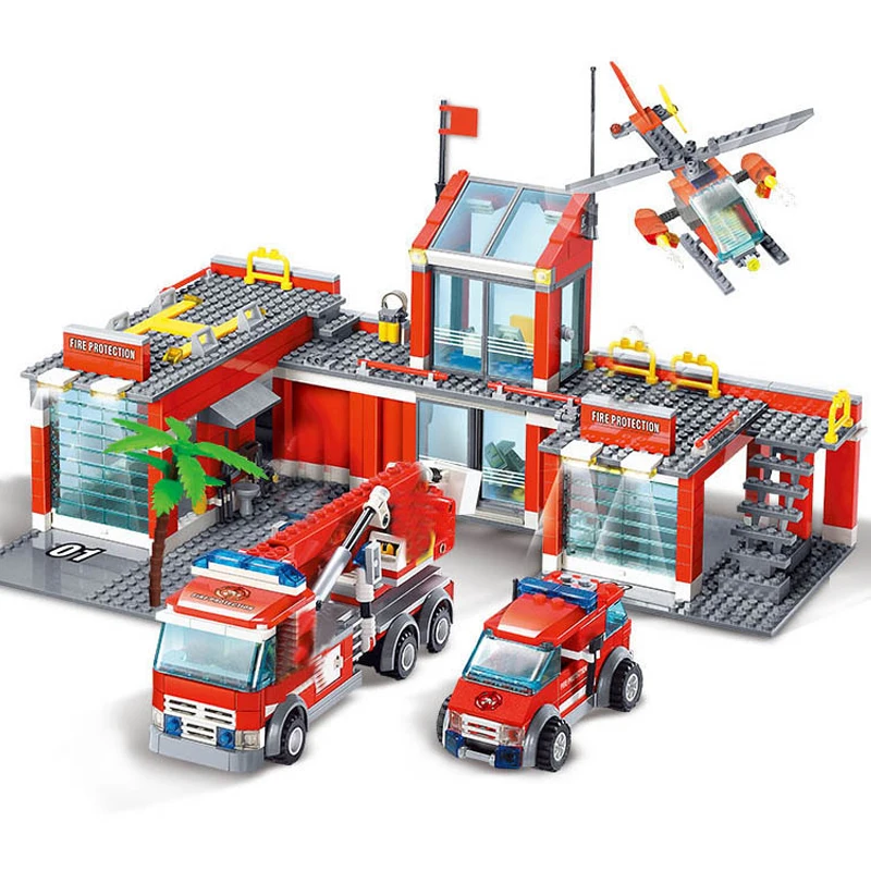 Qwz cidade fogo estação blocos de construção define fogo motor caminhão lutador iluminar tijolos brinquedos playmobil para crianças presentes