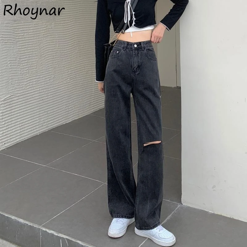 

Jeans Women Black Street Cool Straight Full Length High Waist Loose All-match Popular Basic Denim Girl Trousers Hole Trendy Chic