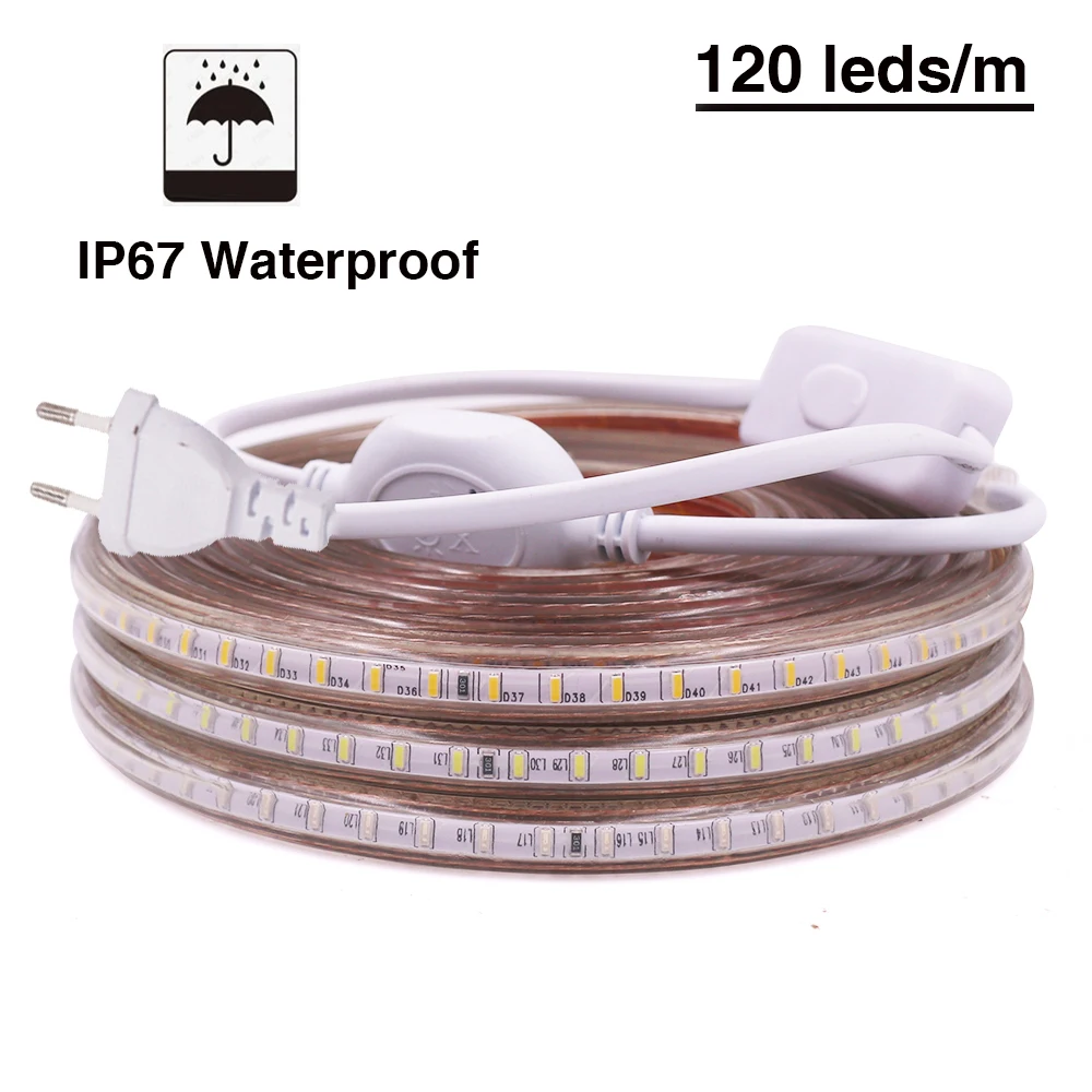 LED Strip EU 220 240V Waterproof IP67 Outdoor Rope White/Warm White/Blue SMD 3014 120LEDs/m LED Light Strip +EU Switch plug