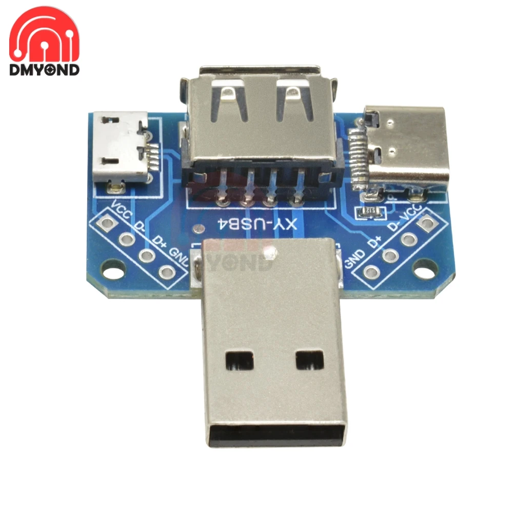 USB to MICRO to TYPE-C Adapter Board 4Pin 4P USB 2.54mm Male to Female Straight Plug Connector PCB Converter Breadboard Module