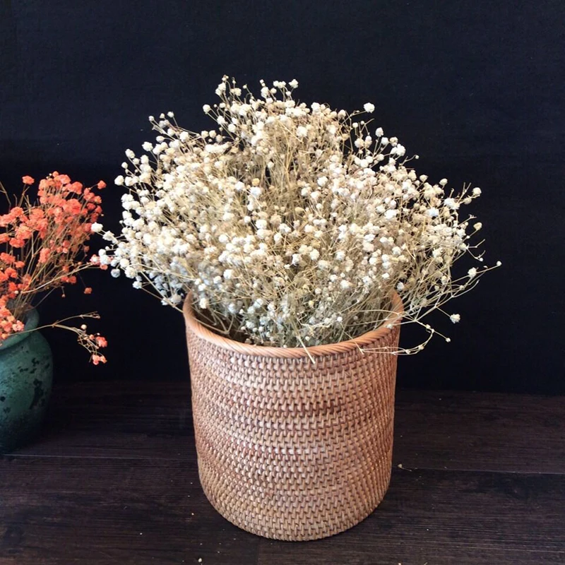 Handwoven Rattan Storage Basket, Bucket for Flowers, Cylinder Storage, Desktop Trash Can, Baskets for Organizing