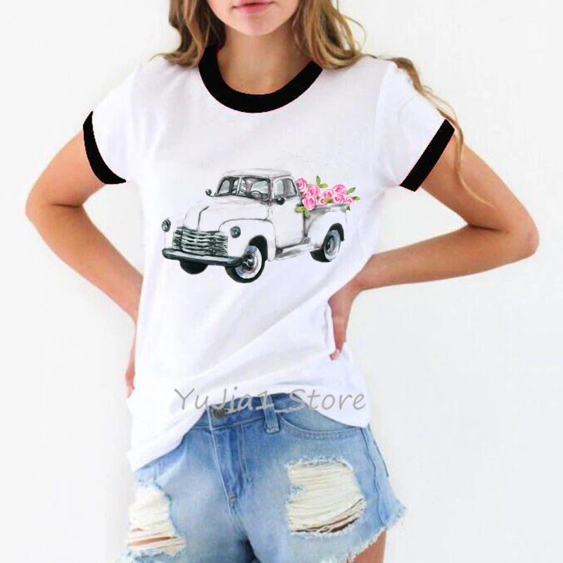 Happy Camper Car Mountain Print T-Shirt Women Clothes 2024 Funny T Shirts Harajuku Shirt Tumblr Tops Tee Shirt Femme