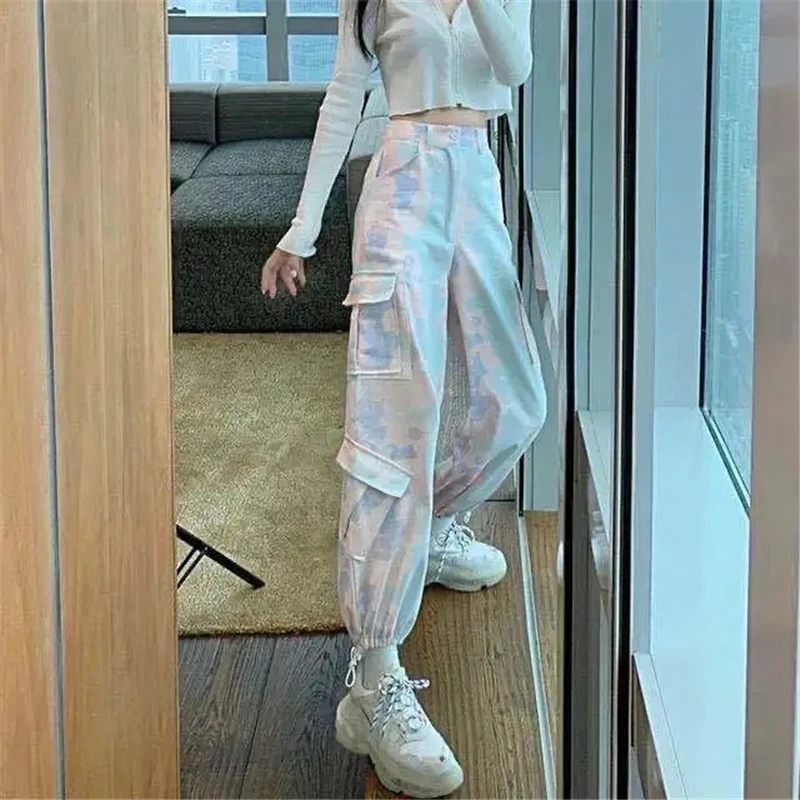 Drawstring Rainbow Tie Dye Harem Pants Casual Harajuku Streetwear Joggers Female Korean Style Pockets Elastic High Waist Trouser