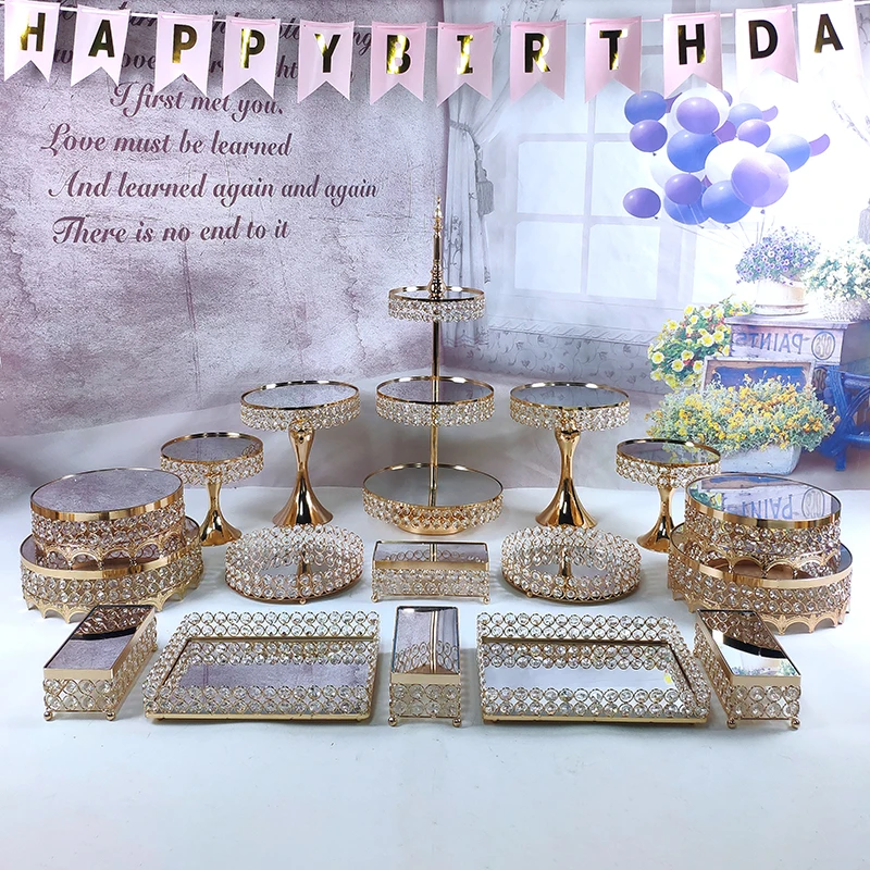 Crystal beads cake stand set gold plated mirror surface dessert stand wedding party table decoration baking tool