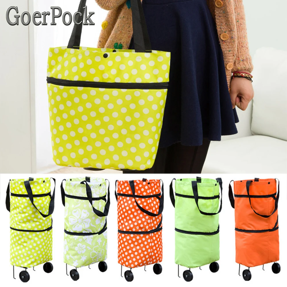 Fashion Folding Home Trolley Portable Shopping Bag Trolley Bag Wheels Foldable Cart Rolling Reusable Eco-friendly Totes Large