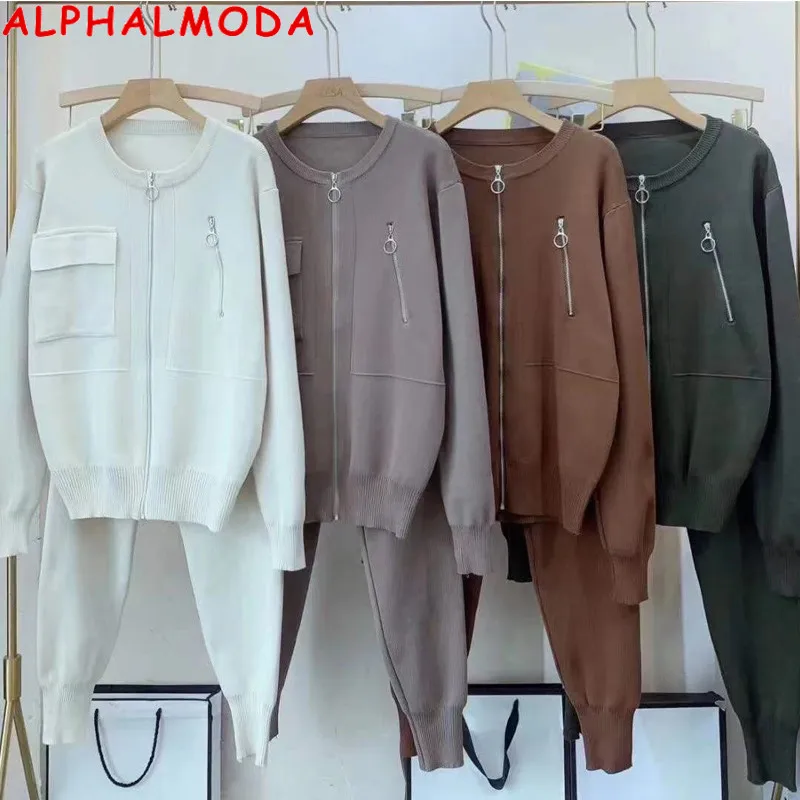 ALPHALMODA-Stylish Tracksuits for Women, Zip Pocket Cardigans and Trousers, Trendy Loungee Sets, Winter Outfit, New Fashion,