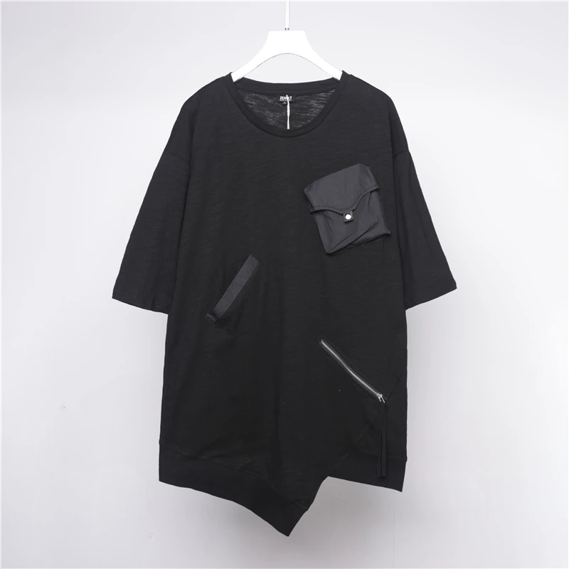 Mid-summer long zipper personalized design irregular hem stitching round collar l drop shoulder t-shirt men's fashion shirt