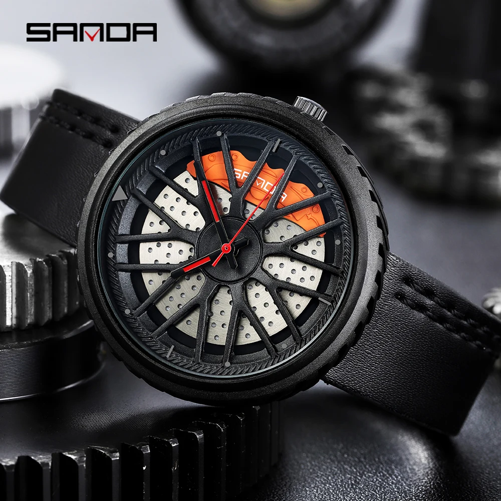 Sanda 2020 New Unique Casual Personality Classic Fashion Men Quartz Watch Luxury Racing Car Wheel Stainless Strap Leather Clock