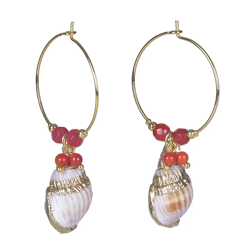 

HuPo.HuTu.New Fashion Jewelry Accessories Women's 18k Gold-plated Red Coral Stone Wine Cup Pendant Conch Shell C-ring Earrings