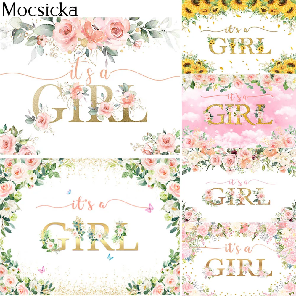 

It's A Girl Baby Shower Party Backdrop Flower Floral CakeTable Decoration Banner Child Birthday Portrait Background Photo Studio
