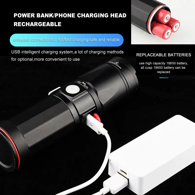 Powerful Flashlight LED Night Fishing Light Zoomable Outdoor Waterproof Torch 4 Color USB Rechargeable Bait Lamp Power Display