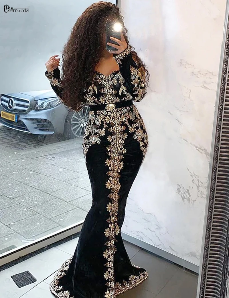 Moroccan Caftan Black Mermaid Prom Evening Dress Long Sleeves ROBES DE SOIRÉE Embroidery Velvet Dubai Arabic Muslim Formal Gowns