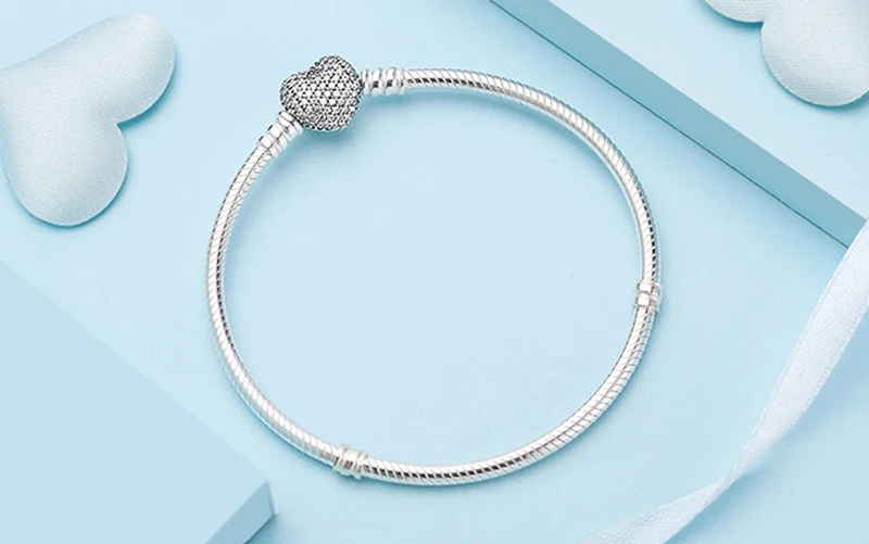 Big Sale Fine DIY Bracelet Bangle for women Original 100% 925 Sterling Silver Heart Clasp Snake Chain Fit Bead Bracelet Jewelry