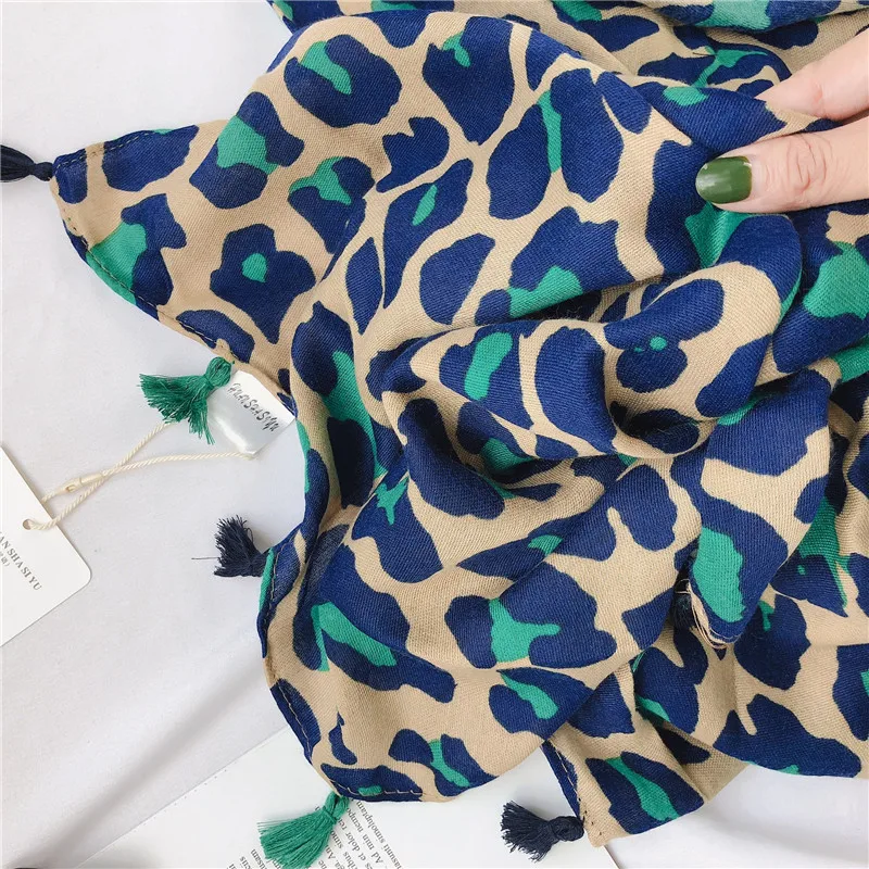 New Women Autumn Cotton Viscose Tassel Scarf Turquoise Leopard Dot Spain Style Wrap Pashminas Stole Muslim Hijab Sjaal 180*100cm