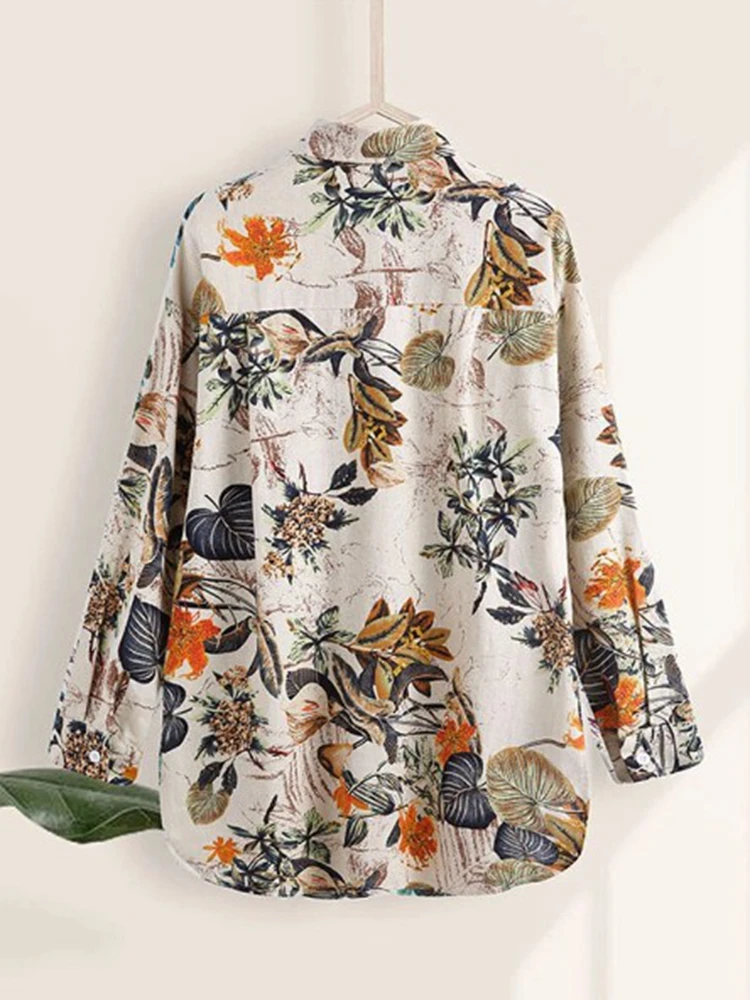 Spring and autumn large size long-sleeved cotton and linen fashion ladies\' lapel loose retro printed pocket casual shirt