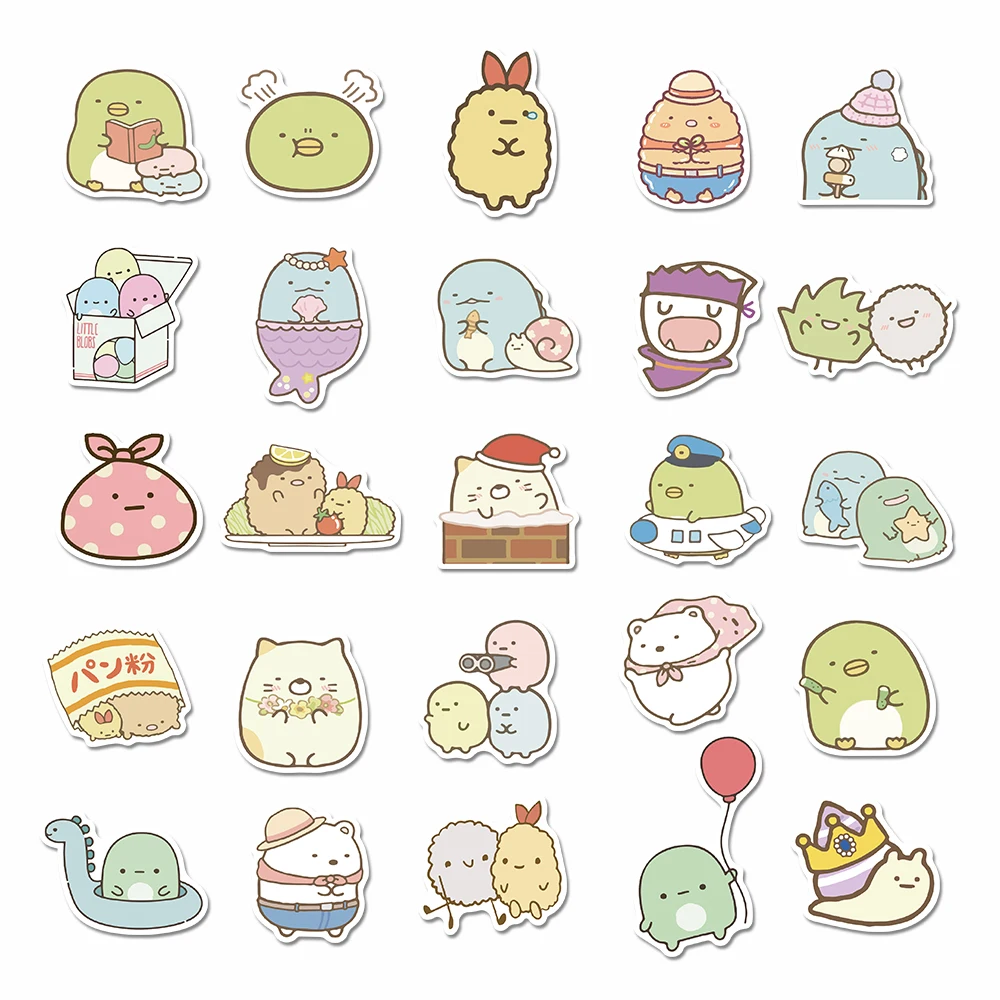 Sumikkogurashi สติกเกอร์การ์ตูนกระเป๋าแล็ปท็อป50ชิ้น/แพ็คสติกเกอร์วัสดุพีวีซีกันน้ำ DIY จักรยานกระเป๋าสเก็ตบอร์ด