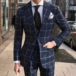 (Jacket+Pants+Vest)  Blue Plaid Work Men Suit Set 3 Piece Groomsman Beach Wedding Party Outfit 2021 Jscket Coat Custom Made