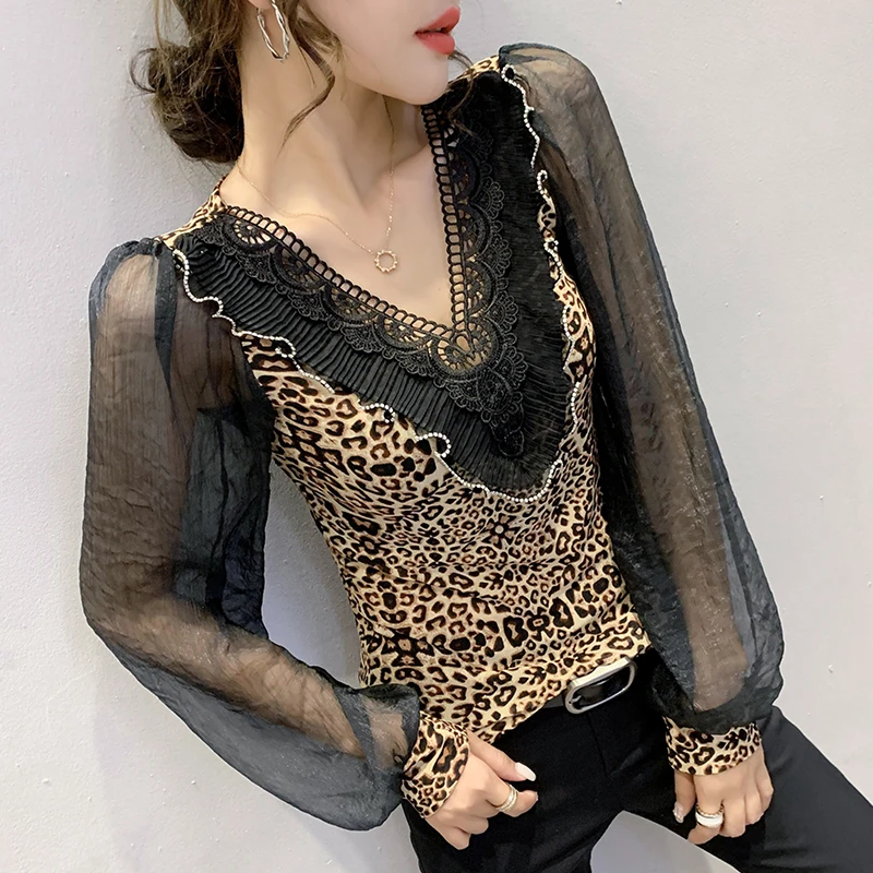 

Real Shot 2021 Autumn and Winter New V-Neck Ruffled Heavy Craftsmanship Fashion Small Shirt Net Gauze Lantern Sleeve Blouse